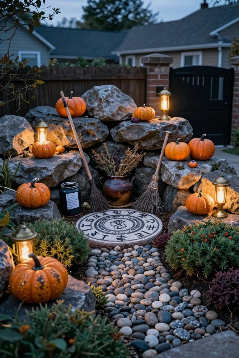 Stacked rocks forming a Halloween witch display with orange pumpkins, glowing lanterns, brooms, a cauldron, dried branches, and a central stone circle with symbols, next to a pebbled path, plants, and a black gate.