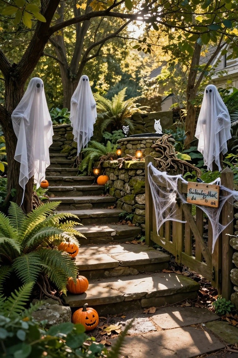 Stone staircase ascending beside a moss-covered wall, flanked by hanging white ghost figures, ferns, pumpkins, lanterns, spider webs, and a wooden gate with a Halloween sign.