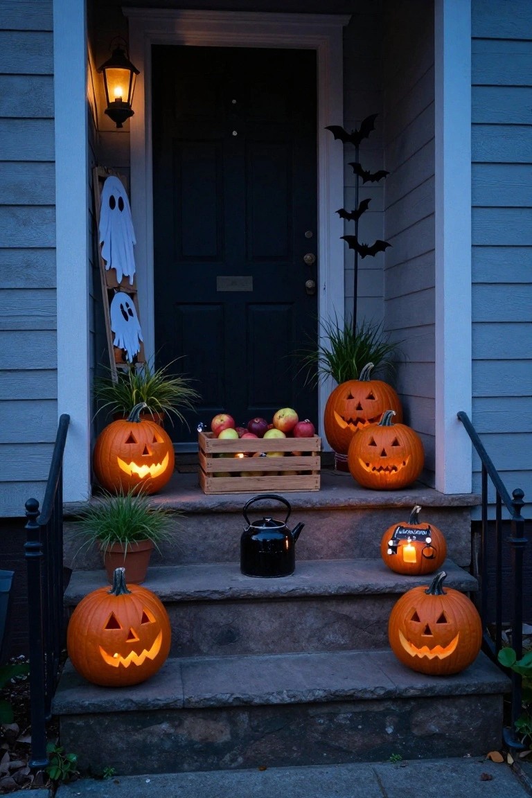 Front exterior steps lined with glowing carved jack-o'-lanterns of varying sizes, potted plants, a crate of apples, a black teapot, and Halloween decorations like ghosts and bats beside a dark front door at dusk.