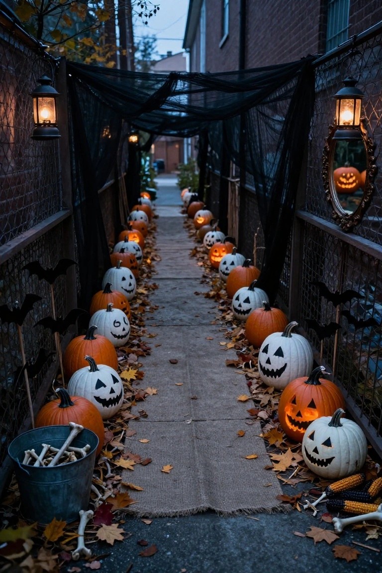 Narrow outdoor pathway lined with lit orange and white jack-o-lanterns on both sides, black netting draped overhead with hanging lanterns, bats on sticks, autumn leaves and a burlap runner on the ground, bucket of bones and cornstalks nearby, chain-link fence walls.
