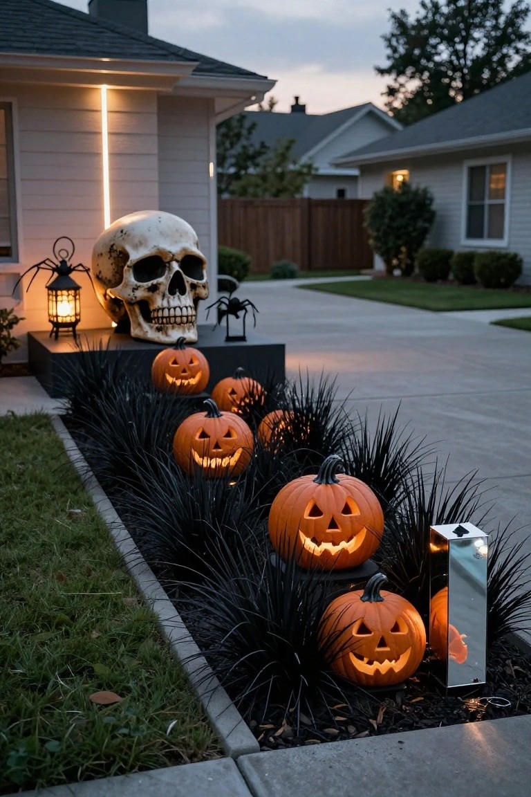 Row of lit jack-o-lanterns in a black grass planting bed bordering a concrete driveway, with a large white skull decoration on a pedestal nearby and a house exterior visible at dusk.