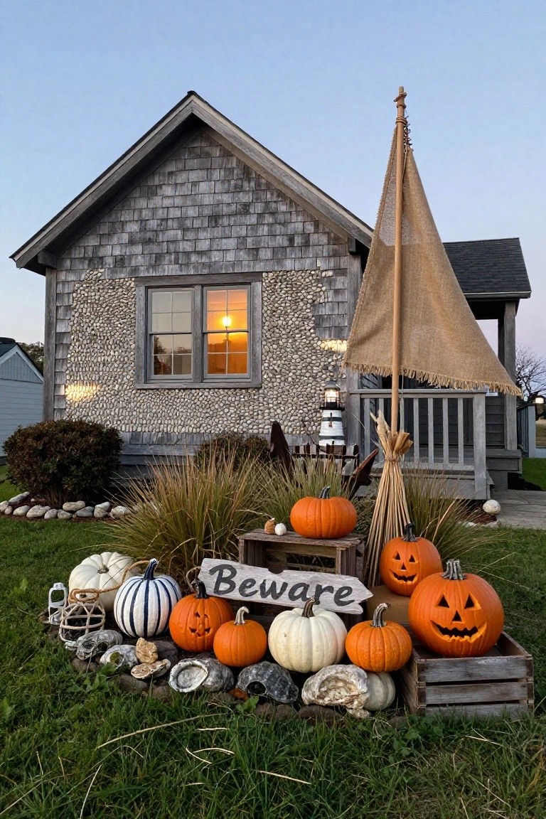Gray shingled house with pebble siding and lit window beside a front yard Halloween display of carved orange pumpkins, white and striped pumpkins, shells, rocks, wooden lighthouse model, burlap sail on pole, brooms, and "Beware" sign on crates amid grasses and edging stones.