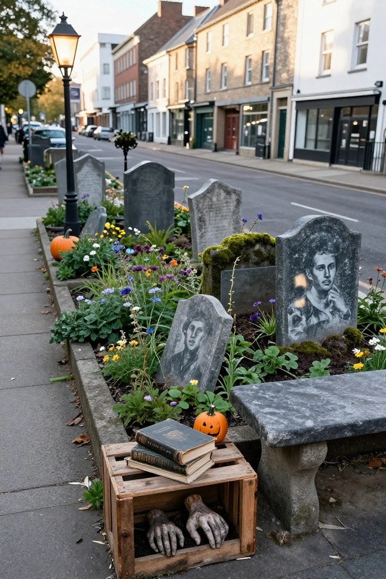 Halloween graveyard display with tombstones, flowers, pumpkins, and a wooden crate of zombie hands.