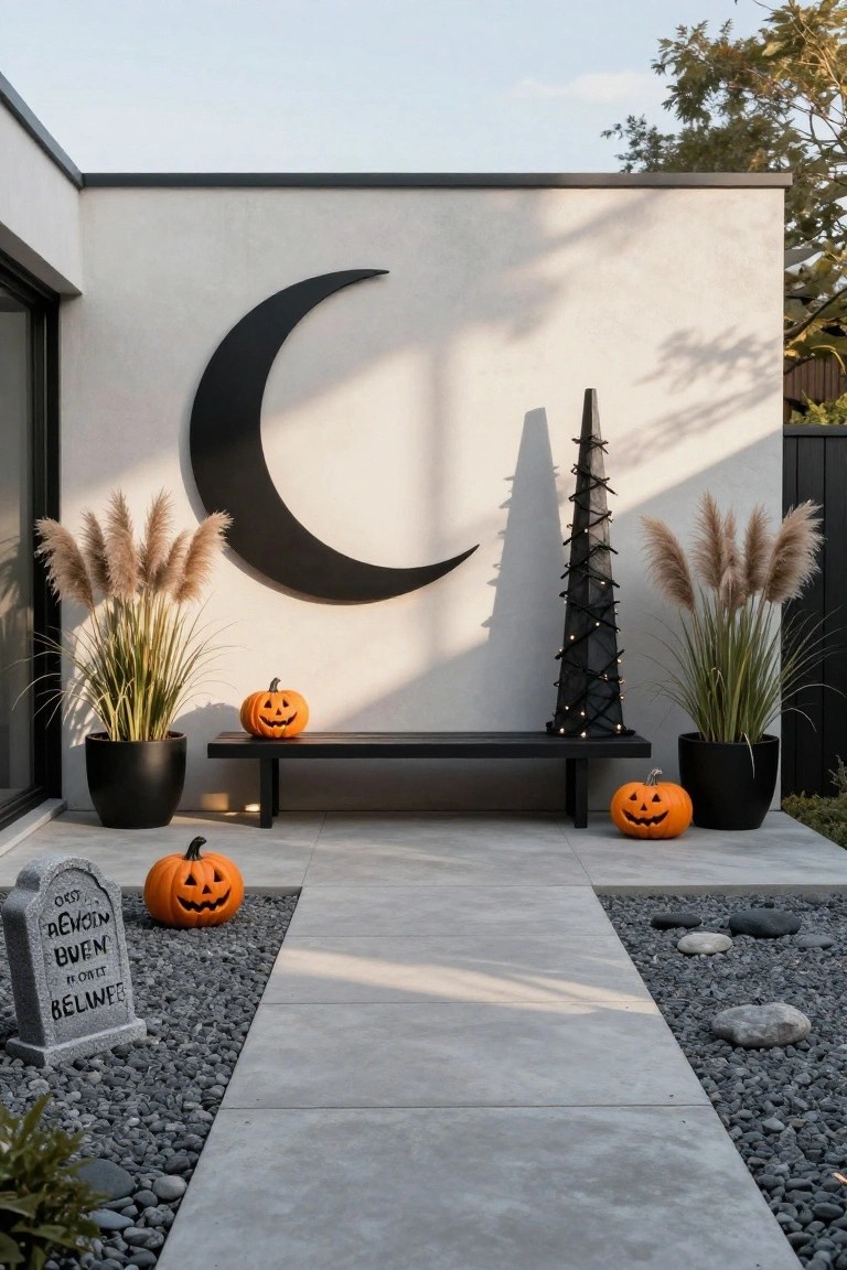 White exterior wall with large black crescent moon, black bench on concrete path flanked by pampas grass in black pots and pumpkins, faux gravestone nearby, pebble borders along path in outdoor Halloween setup.