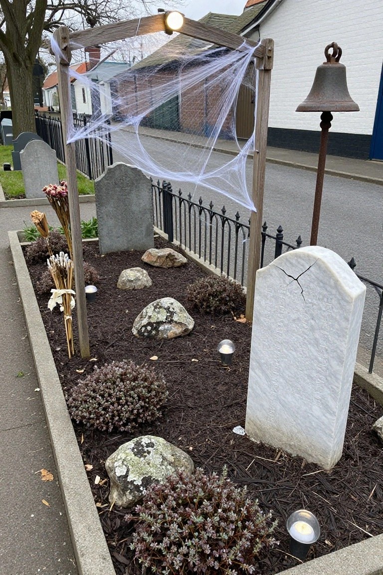 Halloween yard display of faux white gravestones in a mulched garden bed with rocks, shrubs, spider webs on a wooden arch with bell, ground lights, and dried flowers beside a black iron fence and path.
