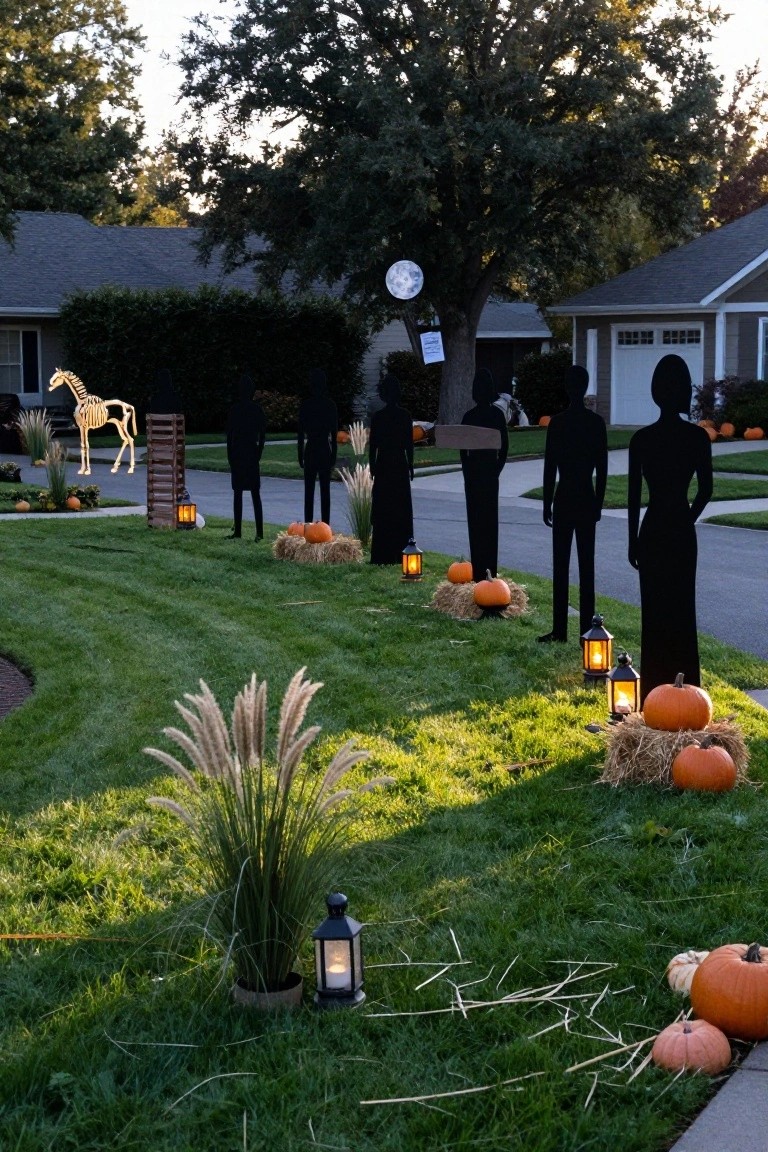 Front yard Halloween display with black silhouette cutouts of people in formal attire and a glowing white skeleton horse lined along the grass near a driveway, surrounded by pumpkins, hay bales, lanterns, pampas grass, and trees at dusk.