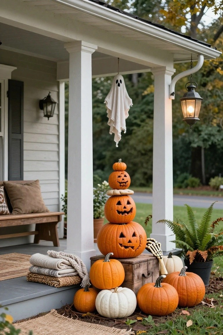 White clapboard house porch column stacked with four carved orange jack-o-lanterns, ghost sheet hanging above, lanterns on walls, wooden bench with pillows and blankets, scattered pumpkins and potted ferns on steps and ground.