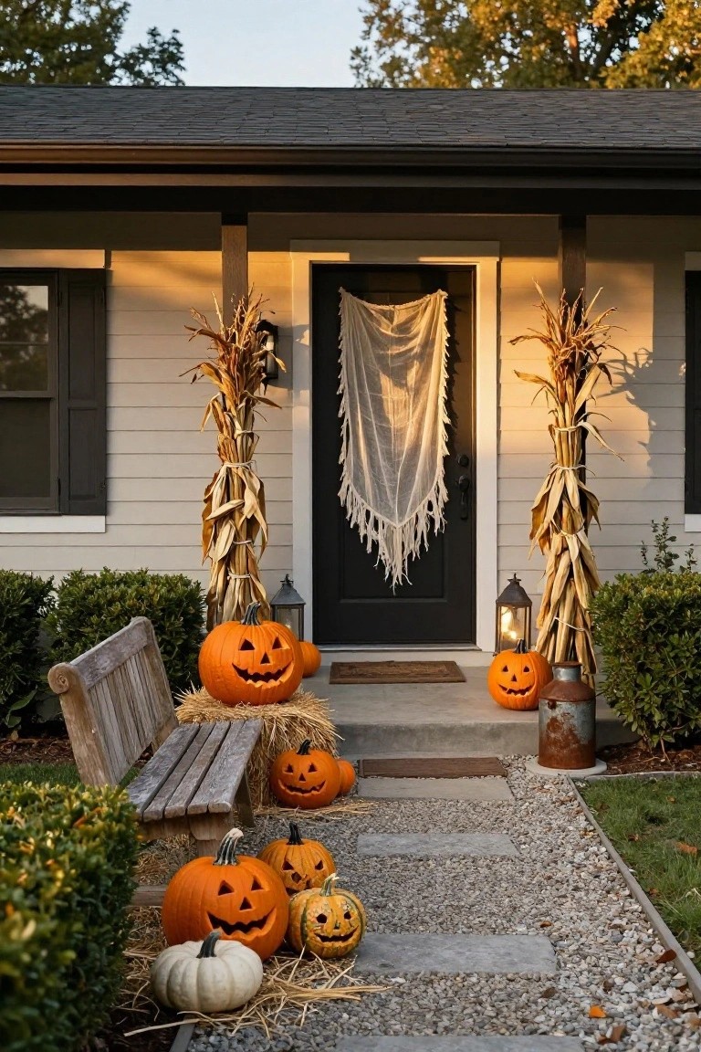 Front porch of a light-colored house decorated for Halloween, featuring tall cornstalks flanking the columns, sheer white fabric draped over the black front door, multiple carved jack-o-lantern pumpkins on hay bales and steps, a wooden bench, lanterns, bushes, and a stone path.