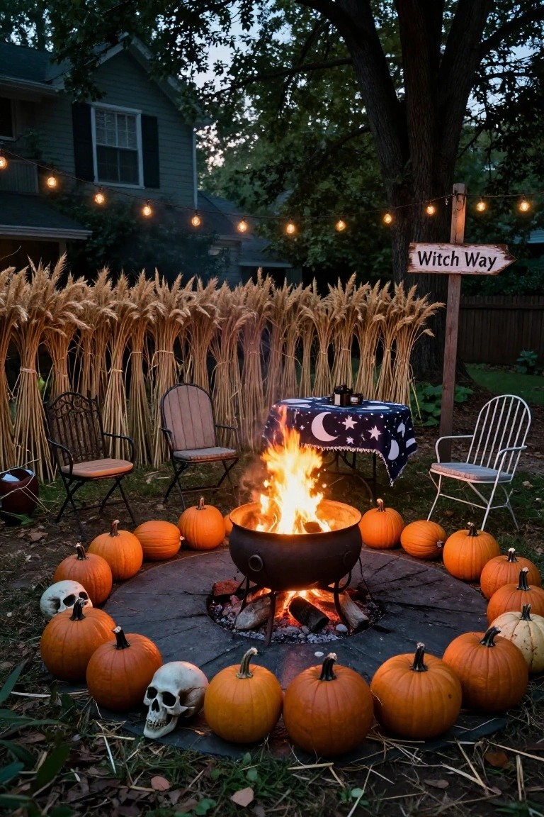 Evening backyard Halloween display with a black cauldron fire pit on a stand encircled by orange pumpkins and a white skull on the ground, flanked by chairs, a moon-patterned table, wheat stalk fence, and Witch Way sign.