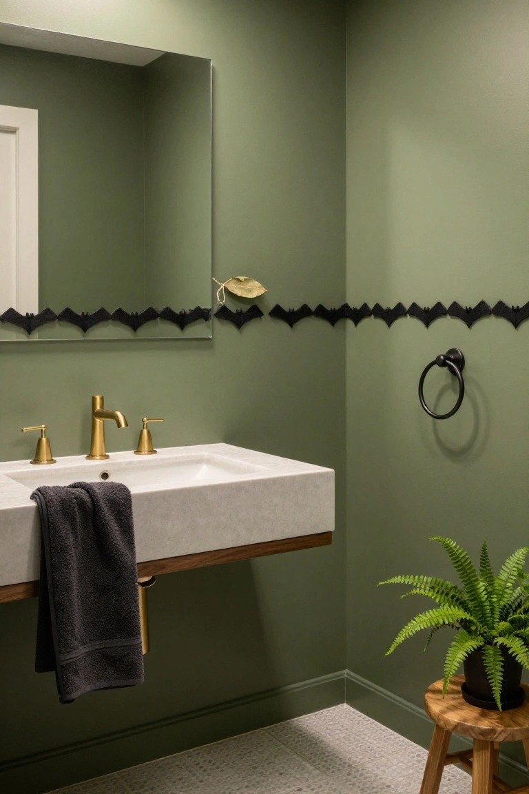 Green bathroom corner with large frameless mirror edged in black bat garland, floating white sink with gold faucet and handles, dark towel hanging from sink, fern plant in black pot on wood stool, white door and towel ring on wall.