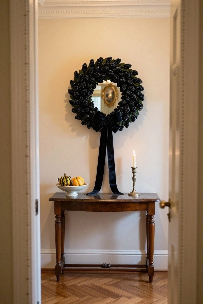 Open double doors framing a beige hallway with parquet floor, a large black berry wreath with bow and small round mirror on the wall above a wooden console table holding a white bowl of small pumpkins and a lit brass candlestick.