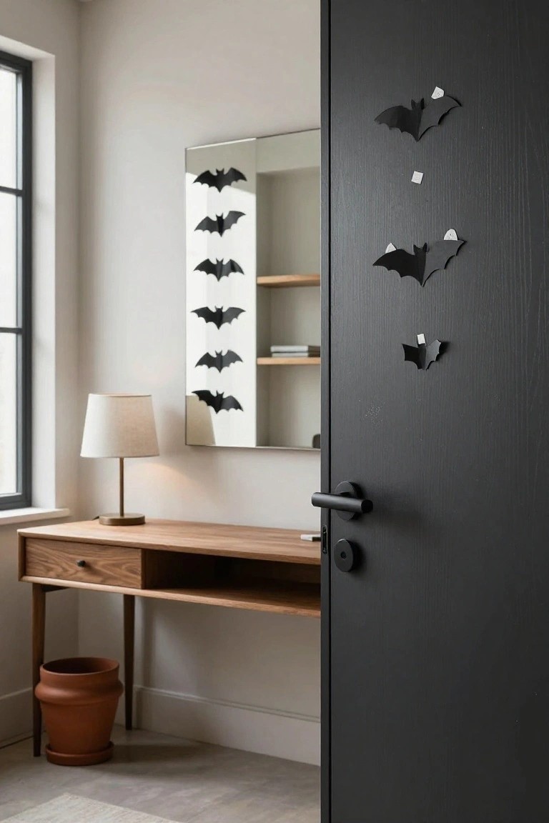 Interior room with black front door decorated with black paper bat cutouts, adjacent mirror with similar bats on shelves, wooden desk with lamp and potted plant nearby.