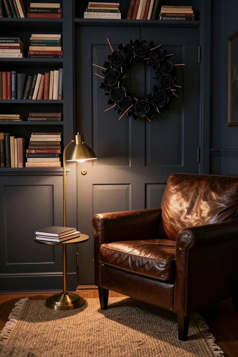 Dark navy paneled door with a wreath of black roses and copper wire accents hanging on it, beside bookshelves, brass floor lamp, leather armchair, and side table in a dimly lit room.