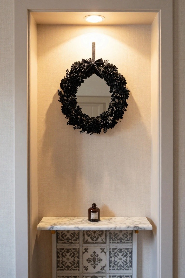 Recessed wall niche with round mirror framed by black pinecone wreath, brown glass bottle on white marble shelf above gray and white tiled base, soft overhead lighting.