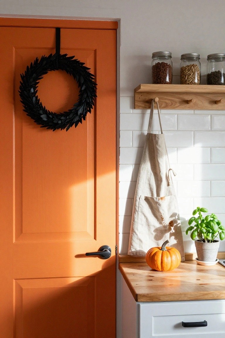 Orange paneled interior door with black leafy wreath hanging from a hook, next to white subway tile wall, wooden shelf holding jars of beans and nuts, beige apron, basil plant in pot, and orange pumpkin on wooden kitchen counter.