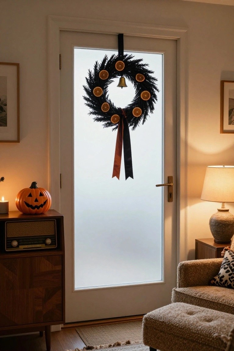 White interior door with frosted glass panel decorated by a black wreath of spruce branches, dried orange slices, and brass bell, beside a smiling jack-o-lantern pumpkin on wooden cabinet next to retro radio and chair in warmly lit room.