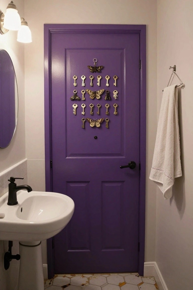 Purple bathroom door with keys and butterflies above white sink.