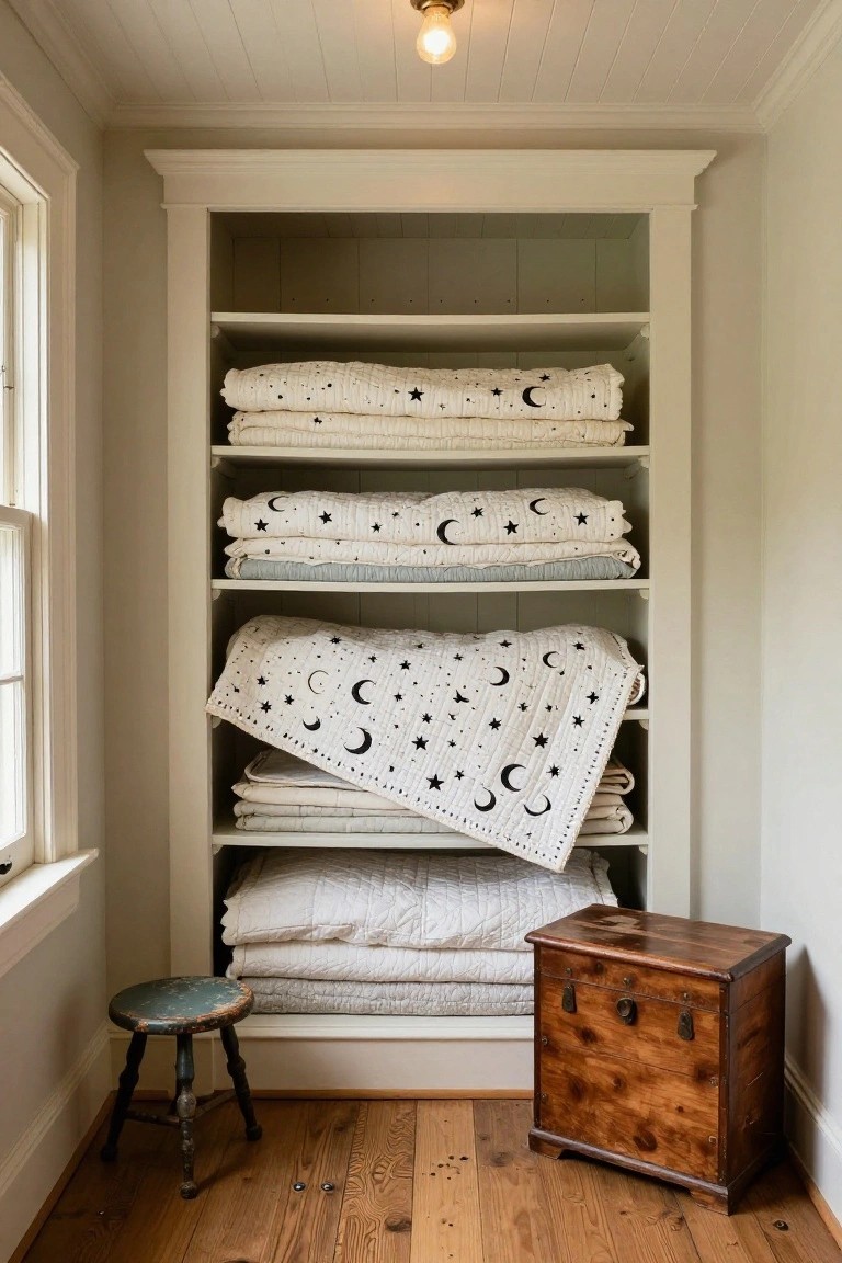 Tall white built-in cabinet with multiple shelves holding stacked and folded white quilts printed with black moons and stars, a small green stool, wooden chest, and wood plank floor in a light-colored room with a window.
