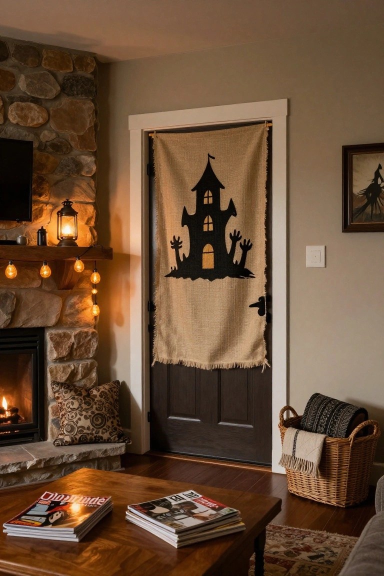Cozy living room with stone fireplace, wooden coffee table holding magazines, basket of blankets, and a burlap banner depicting a haunted house with outstretched hands hanging over a dark wood door.