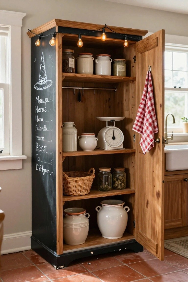 Tall black armoire with chalkboard side listing potion ingredients such as Matilda and Nerans, open wooden door revealing shelves stocked with jars, crocks, scale, basket, and checkered towel hanging inside a kitchen.