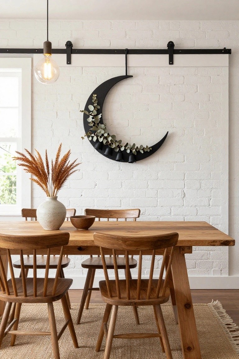 Dining room with wooden trestle table and spindle-back chairs, white textured vase holding pampas grass, small wooden bowl on table, black crescent moon wall hanging with eucalyptus garland and bells on white brick wall, pendant light overhead.