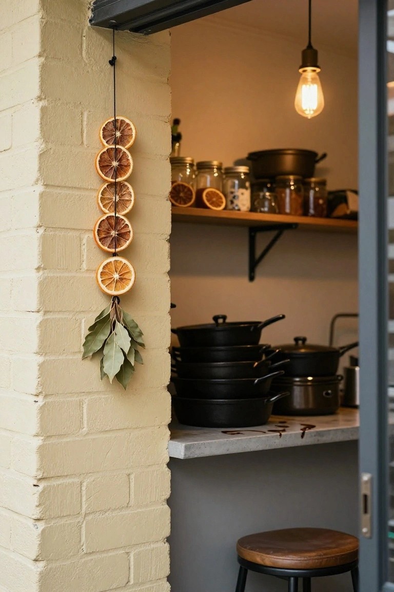 Vertical garland of dried orange slices and bay leaves hanging on light beige brick wall next to open gray sliding door into kitchen with black cookware on shelves, jars, countertop, and wooden stool.