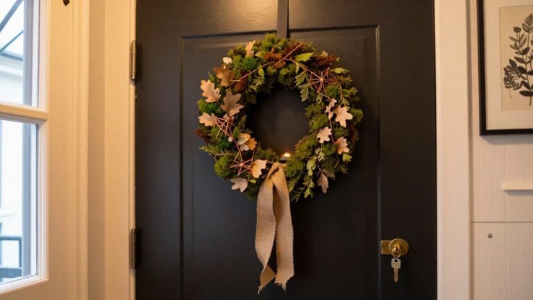 Black interior door with a moss-covered wreath featuring fall leaves, ferns, and white flowers hung by burlap ribbon, gold doorknob with keys, in a gray hallway with ceiling light and framed botanical print.