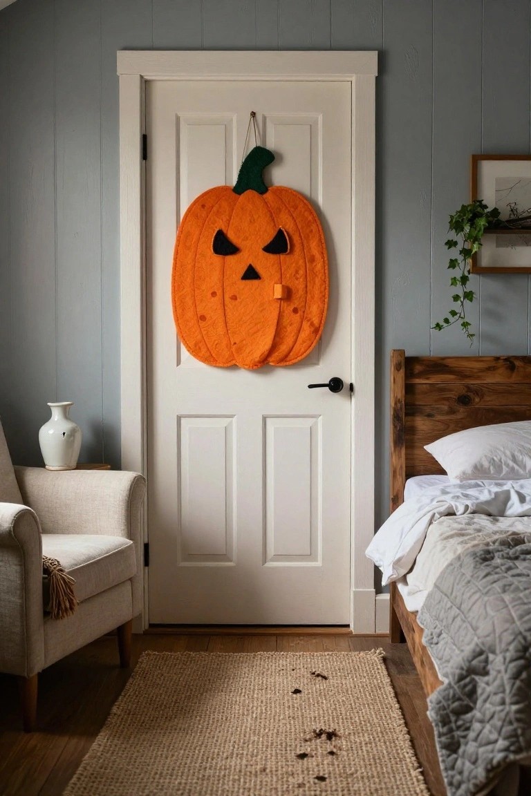 A large orange felt jack-o-lantern decoration with green stem and black triangular facial features hangs on a white paneled interior door in a bedroom featuring gray shiplap walls, a wooden bed with white sheets and gray quilt, beige armchair, white vase, seagrass rug, and potted ivy.