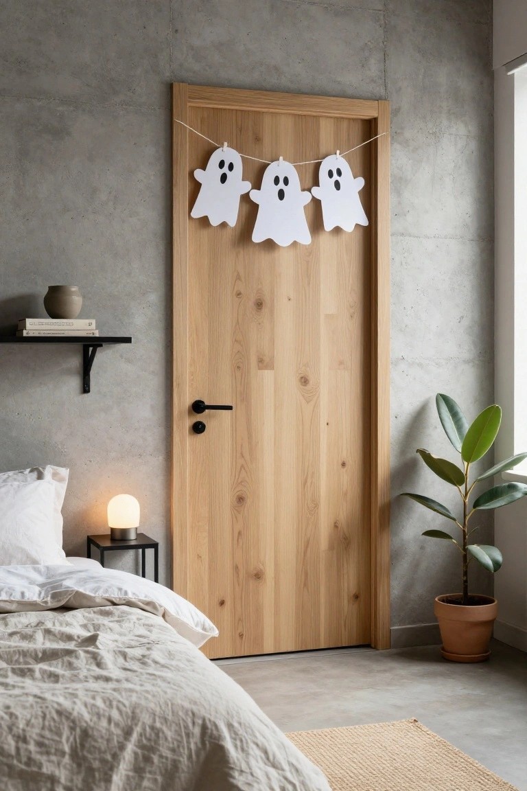 Minimalist bedroom with wooden door and three paper ghost decorations.