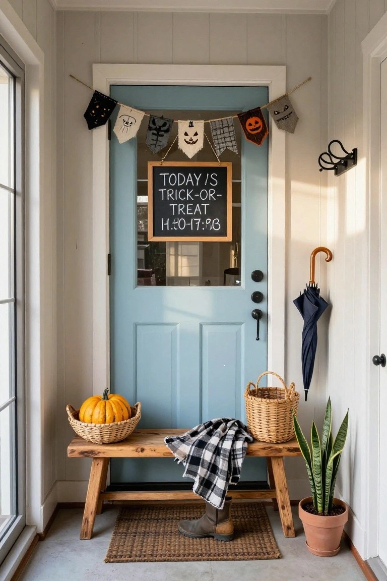 A light blue front door on a porch decorated for Halloween with a bunting garland of black and orange flags overhead, a chalkboard sign reading "Today's Trick-or-Treat H:5-7:96", a wicker basket of pumpkins, wooden bench with plaid blanket, snake plant in terracotta pot, hanging umbrellas, and boots on a seagrass mat.