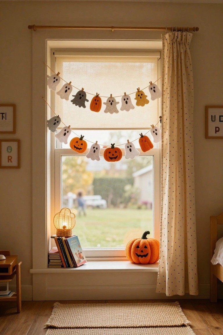 Cozy Halloween window with ghost and pumpkin garlands, autumn books, and decor.