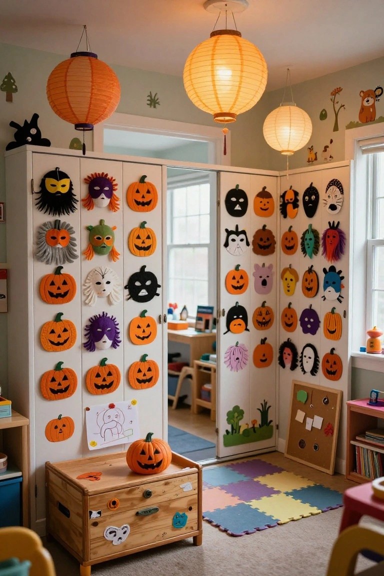 Children's playroom with white bifold wardrobe doors covered in colorful handmade felt Halloween masks and pumpkin cutouts, orange paper lanterns overhead, toy storage chests, and foam play mats on the floor.