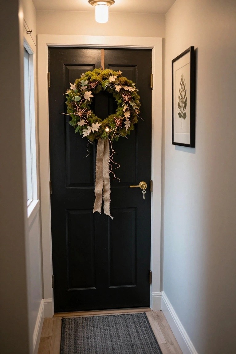 Black interior door with a moss-covered wreath featuring fall leaves, ferns, and white flowers hung by burlap ribbon, gold doorknob with keys, in a gray hallway with ceiling light and framed botanical print.
