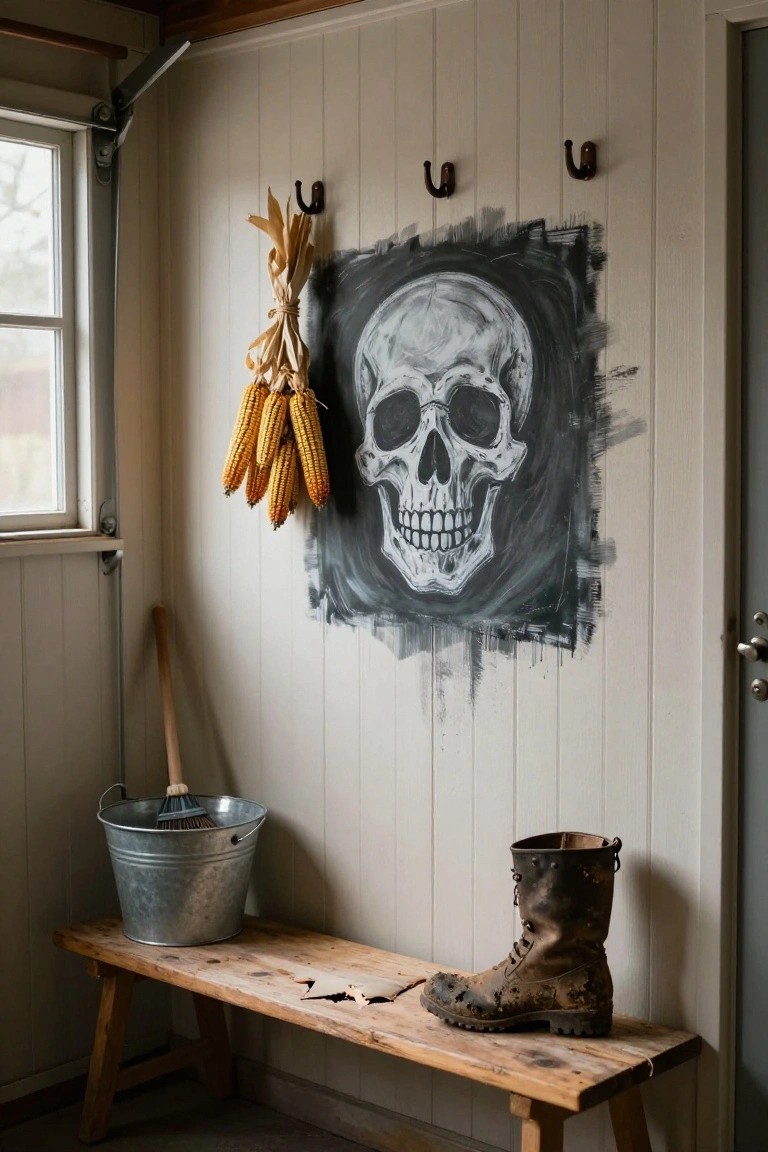 Wooden-walled mudroom interior featuring a large black and white skull painting on the wall flanked by hanging cornstalks with ears of corn, a metal bucket with mop beside a wooden bench holding a muddy boot, and a closed door nearby.