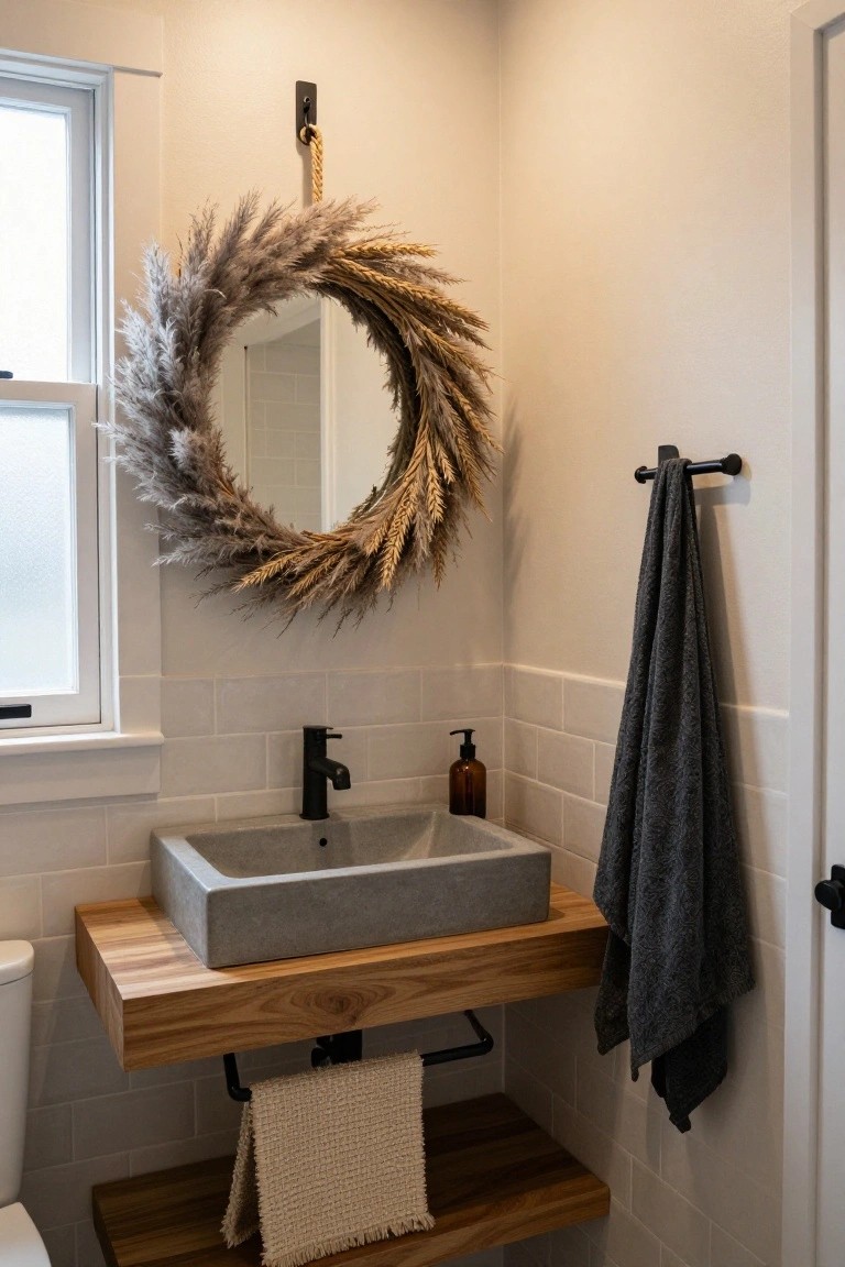Close-up view of a small bathroom corner featuring a round mirror framed by a wreath of pampas grass and wheat hung with rope, a concrete sink on a wooden shelf vanity, black faucet, gray towel on a wall rack, and white textured hand towels below.