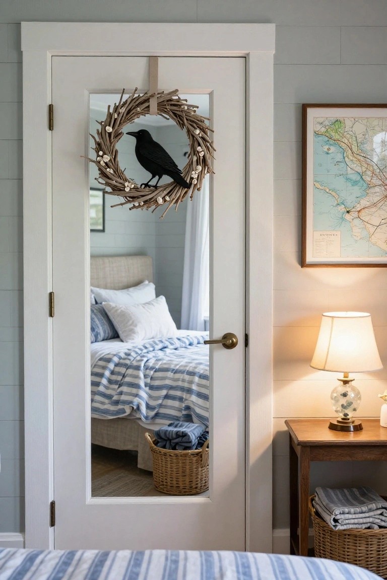White louvered door with brass hinges and knob, decorated with a twig wreath featuring a black crow silhouette, reflecting a bedroom with beige bed, white pillows, blue striped bedding, wicker basket, lamp on wood table, and map on wall.