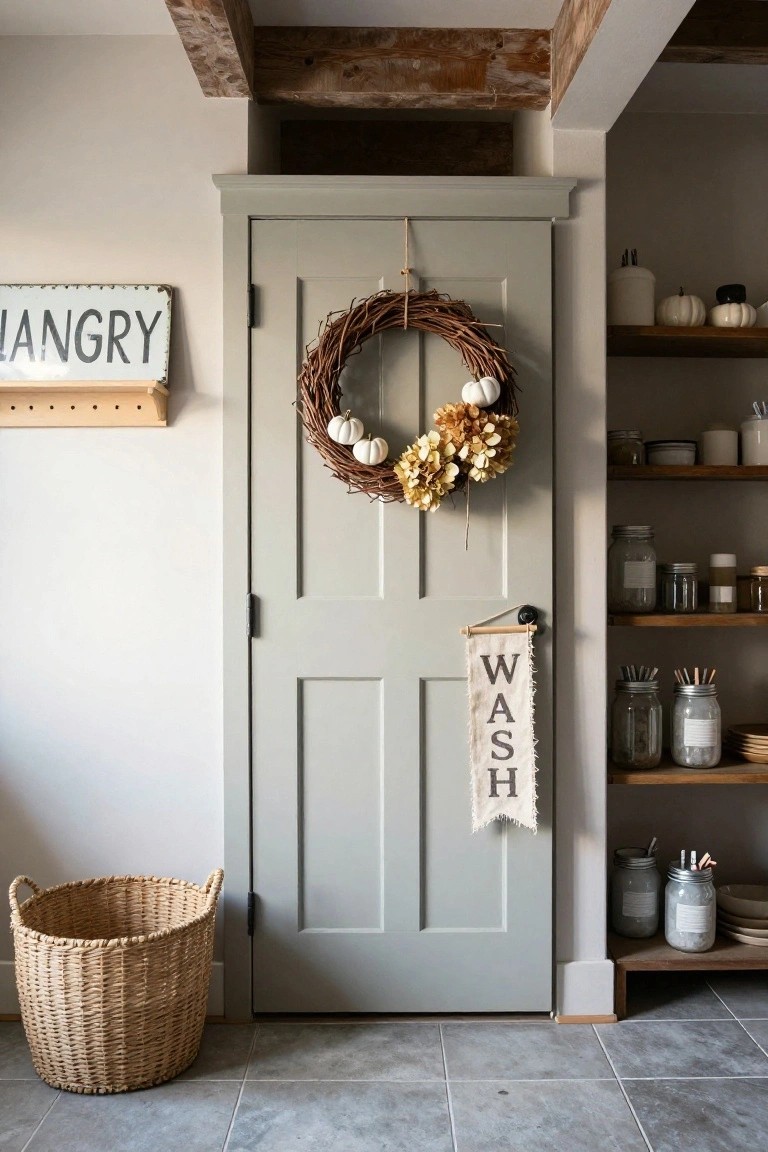 Gray paneled interior door with a grapevine wreath of white pumpkins and yellow mums hanging on it, a "WASH" banner below the knob, "HUNGRY" sign on the wall nearby, seagrass basket on the floor, and open shelves stocked with jars and small pumpkins beside it.