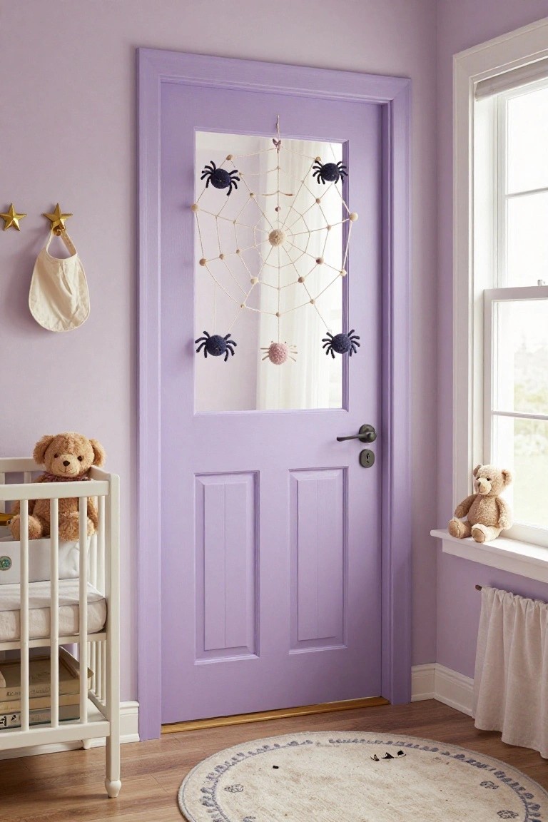 Purple glass-paneled interior door in a nursery decorated with a large yarn spider web and black yarn spiders hanging from it, beside a white crib with teddy bears, a window with sheer curtains, and a patterned rug on wood floor.
