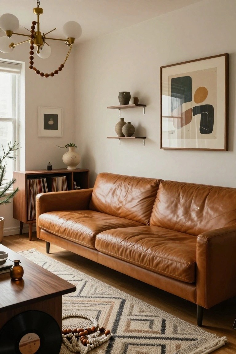 Cozy living room featuring a tan leather sofa, wooden coffee table, mid-century record cabinet with vinyl records and a small potted Christmas tree nearby, floating shelves with pottery, abstract wall art, brass beaded chandelier, and wooden beaded garlands draped on the floor near a woven rug.