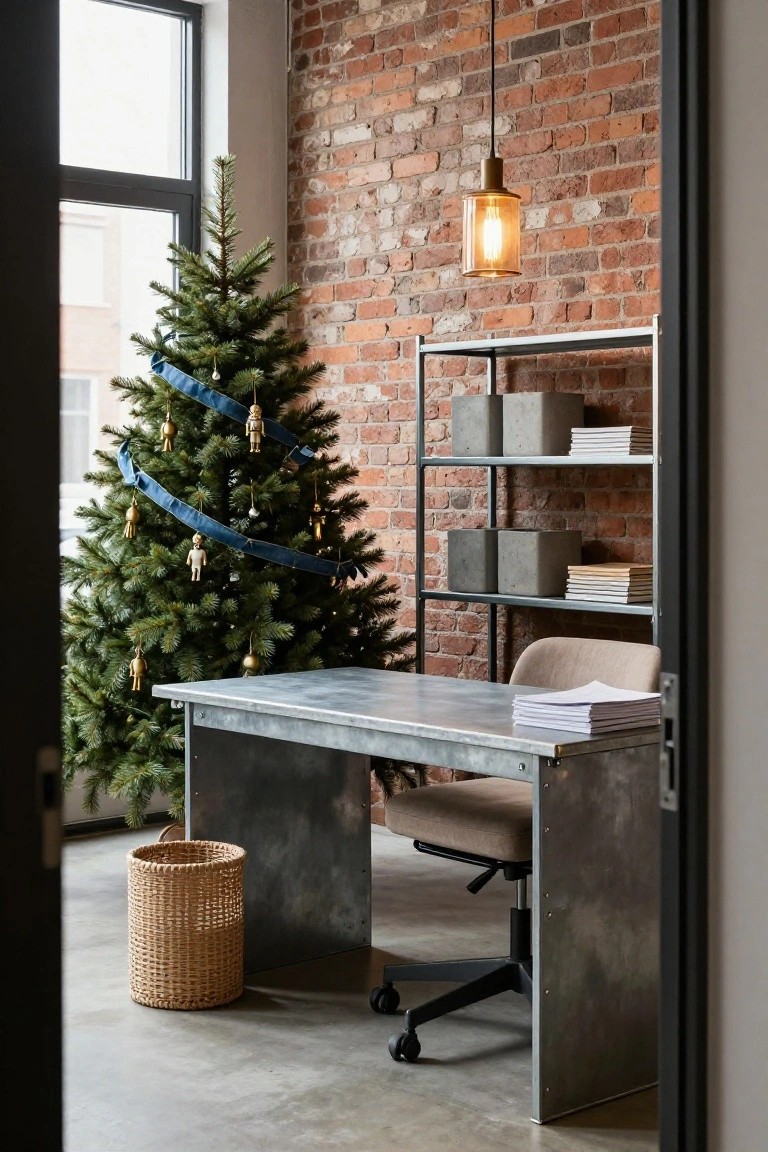 Christmas tree wrapped in wide blue ribbon garland with hanging gold nutcracker ornaments next to a galvanized metal desk, beige chair, metal shelves with boxes, and exposed brick wall in an industrial-style room.