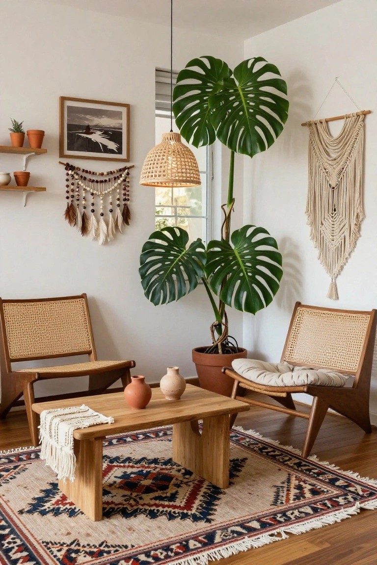 Indoor corner seating area with two rattan armchairs facing a low wooden coffee table on a colorful patterned rug, a large potted monstera plant nearby, macrame wall hangings, shelves with small pots, and a woven pendant lamp.