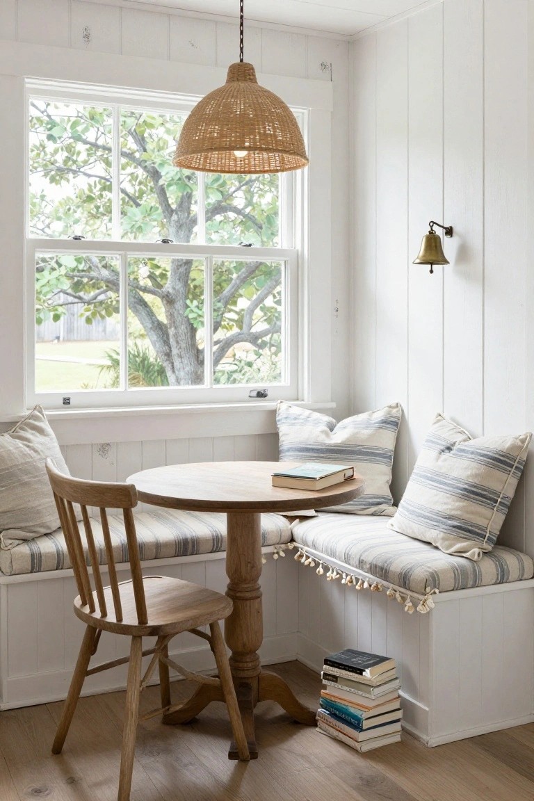 White shiplap-walled corner nook with built-in bench upholstered in striped fabric and tassel trim, round wooden table, wooden chair with cushions, pillows, stacked books, rattan pendant light, brass bell sconce, and window overlooking green trees and yard.