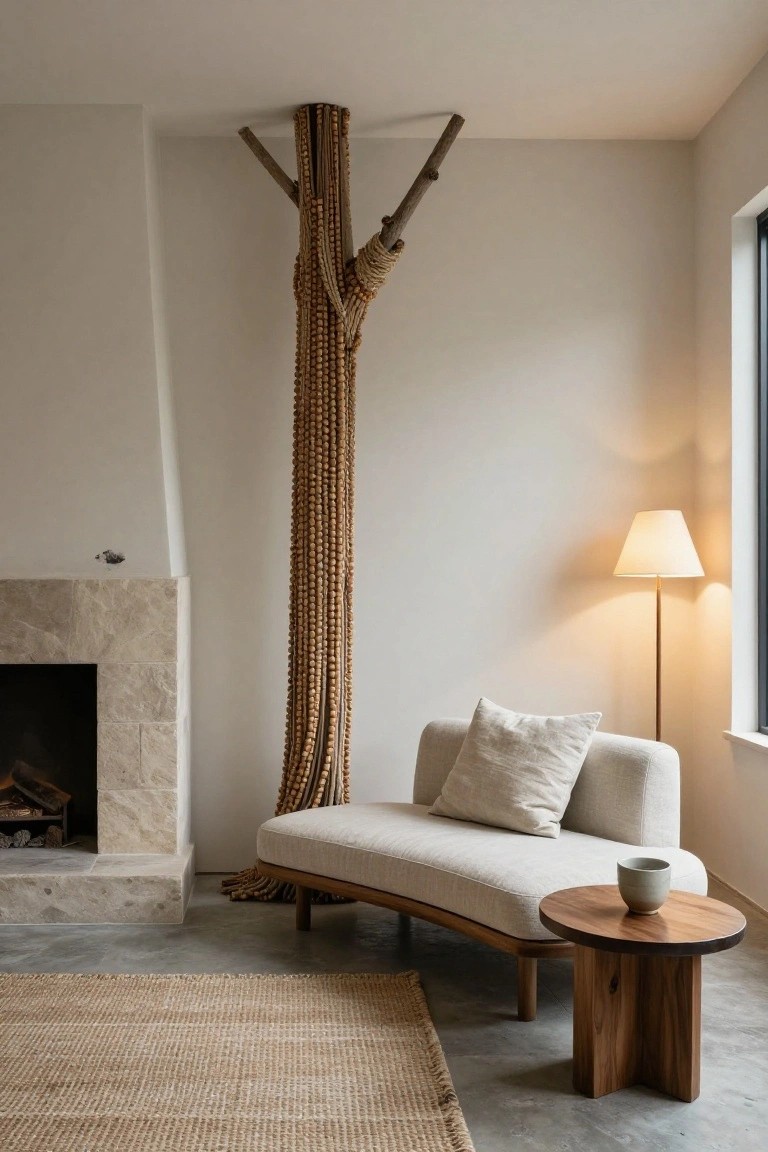 Tall wooden beaded sculpture shaped like a tree hanging from the ceiling in a light-colored room with a cream curved sofa, wood side table holding a ceramic cup, floor lamp, stone fireplace, and seagrass rug.