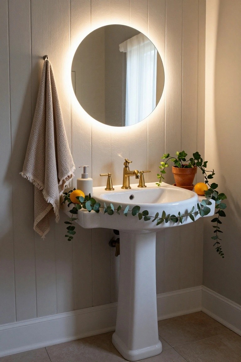 White pedestal bathroom sink with gold faucet, eucalyptus garland and oranges draped around the basin, round backlit mirror on paneled wall, beige towel hanging nearby, and potted plant on the side.