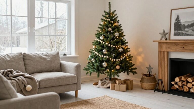 24 Inspiring Christmas Tree Garland Ideas for a Full Festive Look A Christmas tree in a living room corner decorated with white beaded garlands, lights, gold and silver ornaments, next to a beige sofa, seagrass rug, and wood rack with firewood.