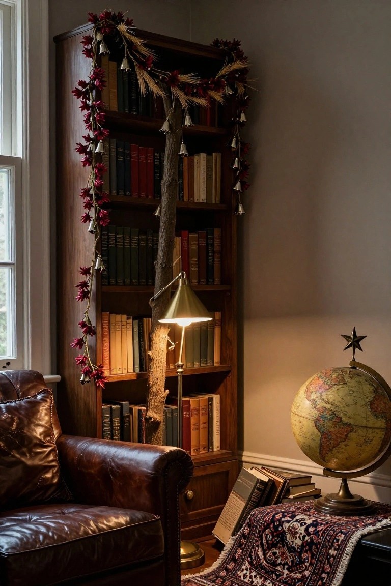 Tall wooden bookshelf in room corner decorated with red leaf garland, bells, and wheat stalks draped vertically, beside leather armchair, brass lamp, globe on stand, and Persian rug.
