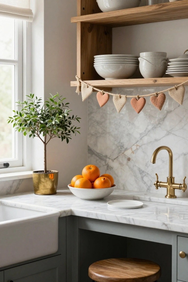 Kitchen corner featuring marble counters, white farmhouse sink, wooden open shelves with stacked white dishes and bowls, gold pot with small leafy plant, bowl of oranges, and pink heart-shaped garlands hanging from twine under the shelves.
