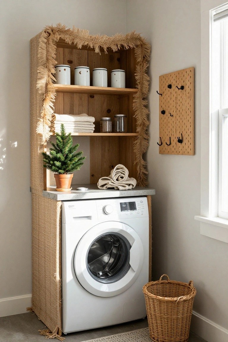 Tall wooden shelves wrapped in beige fringed garland positioned beside a white front-loading washer in a light gray laundry room corner, with white canisters, folded white towels, a small potted Christmas tree, a wooden pegboard with hooks on the wall, and a wicker laundry basket on the floor.