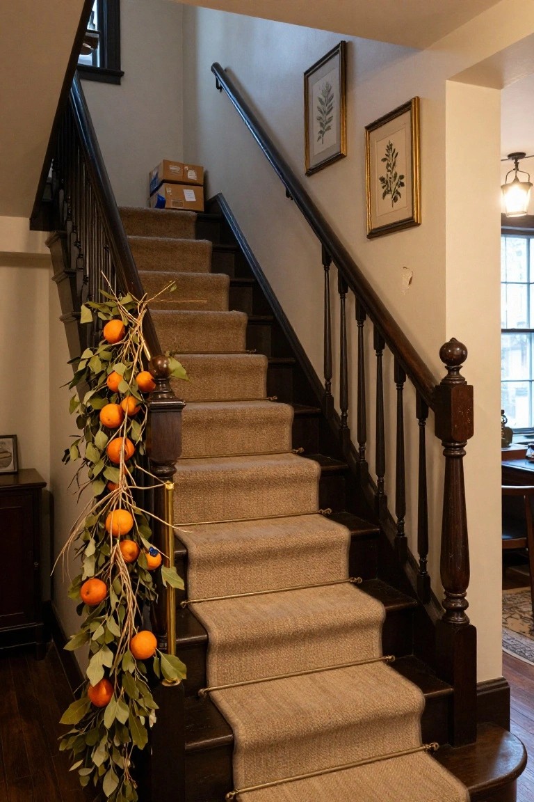 Wooden staircase with dark railing and beige carpet runner, draped with garland of green leaves and oranges along one side, next to framed botanical prints and a brass newel post lamp.