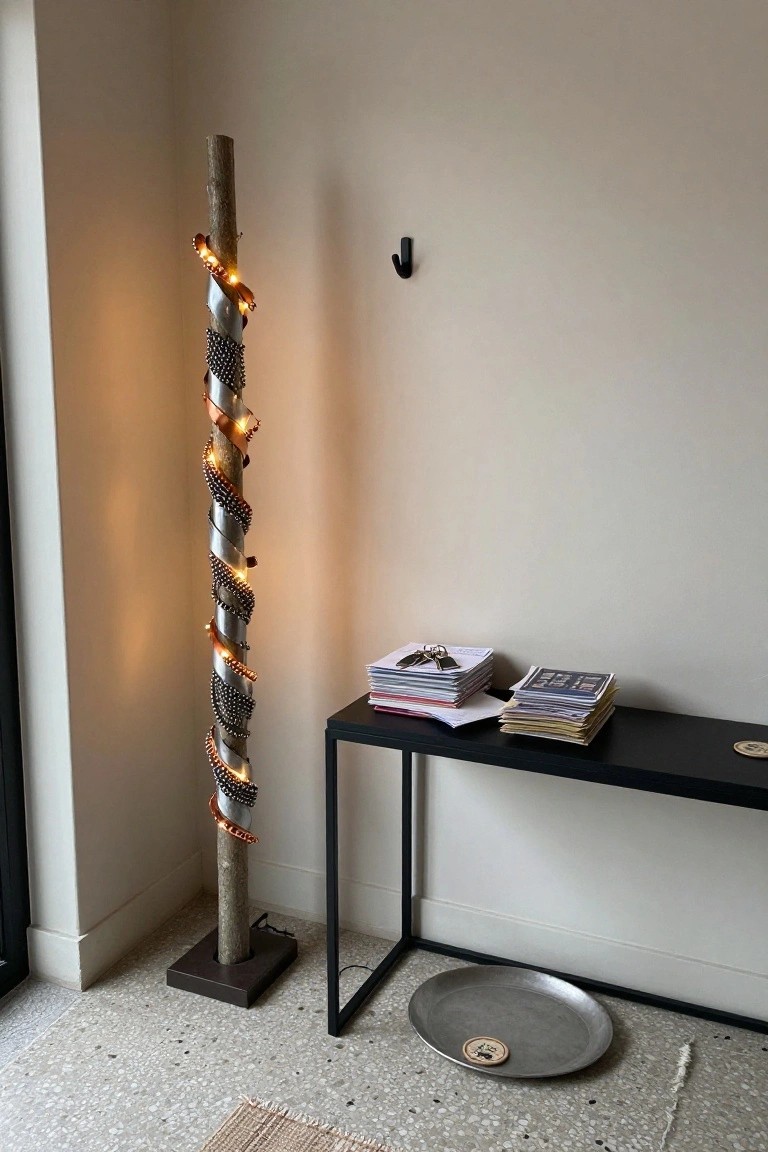 Tall natural branch floor lamp wrapped spirally with orange fairy lights, metallic beads, and ribbon stands in a light beige corner room next to a black metal console table with stacked magazines, mail, and keys, a silver plate on the terrazzo floor.